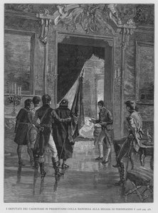 कार्बोनारी के प्रतिनिधि फर्डिनेंड I (उत्कीर्णन) के रॉयल पैलेस में खुद को ध्वज के साथ प्रस्तुत करते हैं द्वारा एडुआर्डो मटानिया
