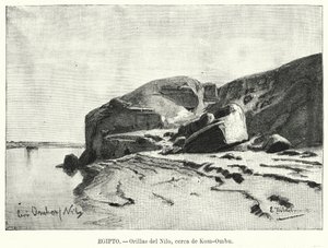कोम ओम्बो, मिस्र (लिथो) के पास नील नदी के किनारे द्वारा एडुआर्ड (बाद) हिल्डेब्रांड