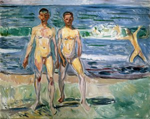Edvard Munch (1863-1944) 1940-1942 सूर्य द्वारा स्नान करने वाले चित्र। 149,5x120 सेमी वियना, Kunsthistorisches संग्रहालय, Nue गैलरी में डेर स्टालबर्ग द्वारा एडवर्ड चबाना