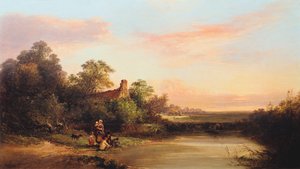 कॉटेज और स्ट्रीम के साथ इंग्लिश लैंडस्केप, 1860 द्वारा एडवर्ड चार्ल्स विलियम्स