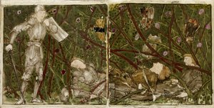1862 - 1865 (चीनी मिट्टी) कहानी के आठ चित्र बनाने के लिए सोलह टाइलों के एक सेट को जोड़े में व्यवस्थित किया गया द्वारा एडवर्ड बर्न जोन्स