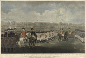 4 जून 1799 को हाइड पार्क में सशस्त्र संघ की समीक्षा करते हुए राजा, जे। कोलीयर द्वारा लिखित, 1801 (रंगीन स्टिपल उत्कीर्णन)