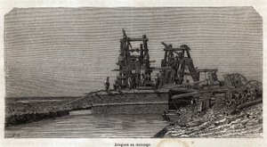 स्वेज नहर पर ड्रेजेज, ग्रेनेट द्वारा चित्रित, 1862 में पॉल मेररू द्वारा स्वेज नहर के लिए एक भ्रमण का वर्णन करने के लिए। एडौर्ड चार्टन द्वारा संपादित "" ले टूर डू मोंडे "" में उत्कीर्णन द्वारा एडवर्ड ग्रेनेट