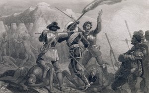 पेक्वॉड वार, 1636, &39;द हिस्ट्री ऑफ़ द यूनाइटेड स्टेट्स&39;, वॉल्यूम से। मैं, चार्ल्स मैके द्वारा, जेम्स चार्ल्स आर्मेटेज द्वारा उत्कीर्ण (c.1820-97) द्वारा एडवर्ड हेनरी कॉर्बोल्ड