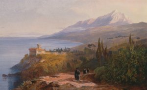 माउंट एथोस और स्टावरोनिकेटेस का मठ, 1857। द्वारा एडवर्ड लीयर