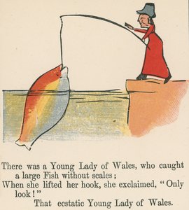 वेल्स की एक यंग लेडी थी, जिसने फ्रेडरिक वार्न एंड कंपनी, लंदन, c.1875 द्वारा प्रकाशित &39;ए बुक ऑफ नॉनसेंस&39; से बिना तराजू के एक बड़ी मछली पकड़ी थी।