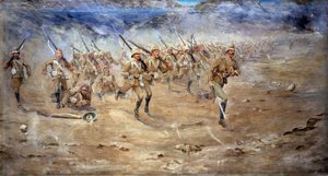 द फ़ोर एंड आफ्ट, ग्लॉस्टरशायर रेजिमेंट हमले की ओर अग्रसर, भारत उत्तर पश्चिम सीमा, 1897 द्वारा एडवर्ड मैथ्यू हेल