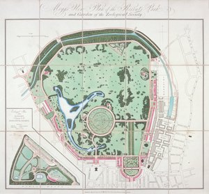 जूलॉजिकल गार्डन की योजना, रीजेंट पार्क, सेंट मैरीलेबोन, लंदन, 1828 द्वारा एडवर्ड मोग