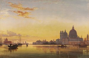 वेनिस के लैगून पर सूर्यास्त, दूरी में Alga में Isola di San Giorgio का चर्च,