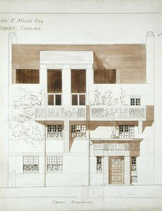 फ्रेंक माइल्स के लिए स्टूडियो एंड हाउस का फ्रंट एलिवेशन (1852-91), टाइट स्ट्रीट, चेल्सी, 1878-79 (कागज पर पेन, स्याही और वॉश) (देखें 176481-483, 176485)