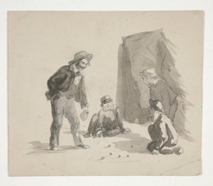चार लड़के कंचे खेलते हुए (रेक्टो); आंतरिक भाग में चित्रफलक पर बैठे लड़के का अज्ञात चित्रण (पीछे की ओर) द्वारा एडविन ऑस्टिन अभय