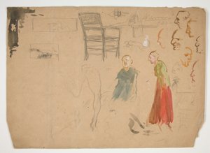 सिर और आकृति का अध्ययन, तथा कुर्सी का अध्ययन (रेक्टो); पुस्तक चित्रण के लिए रेखाचित्र (पीछे की ओर) द्वारा एडविन ऑस्टिन अभय