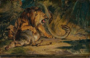 शेर अपने शिकार का बचाव करता है, c. 1840.