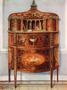 Inlaid और चित्रित Satinwood लेखन-डेस्क कैबिनेट, Ormolu घुड़सवार द्वारा एडविन जॉन फोले