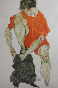 एक लाल बागे में महिला मॉडल, 1914। द्वारा इगोन शीले