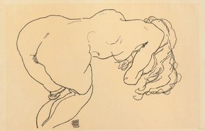 लंबे बालों वाली न्यूड, लीनिंग फॉरवर्ड, बैक व्यू; लैंगहाइगर अक् ट, वोरनबर्गेबेगट, रुकेनसिच, 1918