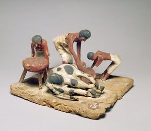 कार्यस्थल पर कसाई के मॉडल, खीटी के मकबरे से, बेनी हसन, मध्य साम्राज्य, c.1985-1900 ईसा पूर्व (चित्रित लकड़ी)
