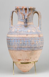 मलकटा से ब्लू-पेंटेड Ibex Amphora, c.1390–1353 BC (मिट्टी के बर्तन, सफेद क्रीम की पर्ची, पेंट)