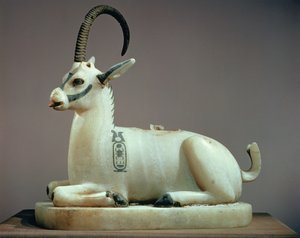 टुटनखमुन (सी .1370-52 ईसा पूर्व) के मकबरे से एक आइबैक्स के रूप में एक अनुपयोगी जार का ढक्कन, नया साम्राज्य (चित्रित अलबास्टर)