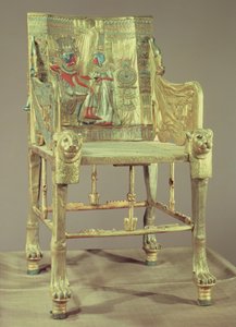 तूतनखमुन का सिंहासन (c.1370-52 ई.पू.) न्यू किंगडम (अर्द्ध कीमती पत्थरों के साथ सोने की परत वाली लकड़ी) (59231 देखें)