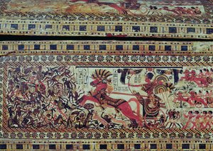 तुतनखामुन (c.1370-1352 ईसा पूर्व) ने अपने रथ पर अफ्रीकियों पर हमला करते हुए, एक छाती की तरफ से विस्तार किया, न्यू किंगडम, c.1340 ईसा पूर्व (चित्रित लकड़ी) (147998 देखें) द्वारा मिस्र का 18वां राजवंश Dy