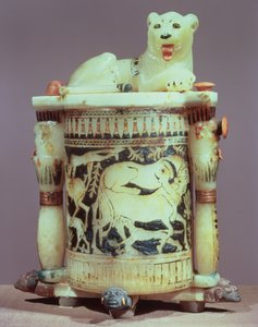 तूतनखामुन की कब्र से एक शेर के रूप में राजा की आकृति के साथ अनुपस्थित जार (c.1370-52 ईसा पूर्व) न्यू किंगडम (चित्रित अलाबा) (391016 भी देखें)