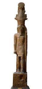 मिस्र की प्राचीन वस्तु: गुलाबी ग्रेस में 19वें राजवंश के फिरौन सेठी II (सेटी या सेटी) (1200-1194 ईसा पूर्व) की मूर्ति, इसमें भगवान अमोन, डिम के प्रतीक के साथ एक राजदंड है। 465 सेमी. ट्यूरिन का मिस्र का संग्रहालय। द्वारा मिस्र का 19 वां राजवंश
