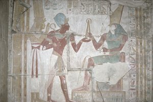 आइसिस की राहत, सेथोस I (1303-1290 ईसा पूर्व) को होरस, न्यू किंगडम (दीवार पेंटिंग) पेश करना