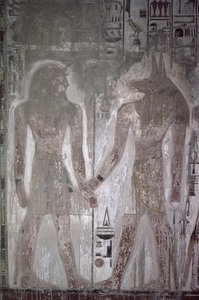 सेटी I (1303-1290 ईसा पूर्व) और सेबी के मकबरे में एनूबिस, न्यू किंगडम (भित्ति चित्र)