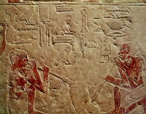 केमरेहु, सककारा, ओल्ड किंगडम, c.2325 ईसा पूर्व (चित्रित चूना पत्थर) के मस्तबा से ग्लास ब्लोअर का चित्र