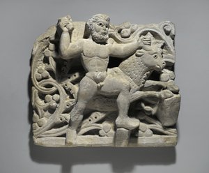 हेराक्लीज़ ऑक्सीरहाइन्चस से एक बैल के रूप में ऐश्लोस को मारता है, c.300-500 (चूना पत्थर) द्वारा मिस्र का स्कूल