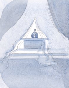 मसीह स्वर्ग की ओर आकर्षित होता है - जैसे कि एक बढ़िया कपड़े में लिपटा हुआ - जो लोग इस दावत में दिव्य भोजन खाते हैं। 2001 (कागज पर w - c) द्वारा एलिजाबेथ वांगो