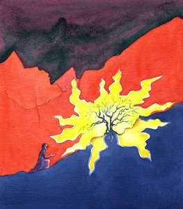 मूसा और जलती हुई झाड़ी, 2001 (कागज पर w - c) द्वारा एलिजाबेथ वांगो
