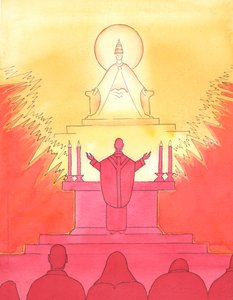 जब पुजारी और लोग सभी मास में एक ही दिशा में आमने सामने होते हैं, तो वे सभी एक साथ, पिता की ओर, मसीह के माध्यम से उनकी प्रशंसा करते हुए देख रहे होते हैं।, 2004 (कागज पर w - c)। द्वारा एलिजाबेथ वांगो