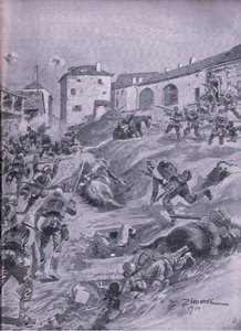 द इलस्ट्रेटेड हिस्ट्री ऑफ़ द वर्ल्ड वॉर 1914-1915 पब से, लेगार्ड अगस्त 1914 में एस्चफ़ेनबर्ग द्वितीय बवेरियन हंटर बटालियन। यूनियन बर्लागसेफेलफ्चाफ्ट द्वारा द्वारा एमिल (बाद) लिमर