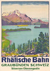 स्विस कंपनी &39;रेटियन रेलवे&39; द्वारा ग्रुबुन्डेन के लिए पोस्टर विज्ञापन यात्रा