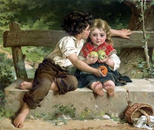 Boyboy महिला चुंबन और उसके सेब दे रही है, ई Munier के अनुसार द्वारा Éमील (बाद) मुनियर