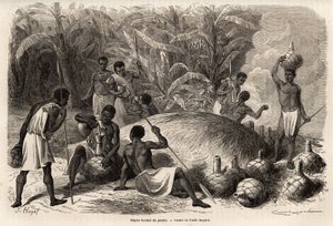 पोम्बे का क्षरण (किण्वन द्वारा मादक पेय), कराग में (वर्तमान में जिम्बाब्वे में विक्टोरिया झील के पश्चिम में), एमिल बायर्ड (1837-1891) द्वारा चित्रित, कप्तान स्पीके की अफ्रीका में 1860 से 1863 तक की खोज की यात्रा को दर्शाता है। उत्कीर्णन द्वारा एमिल एंटोनी बेयर्ड
