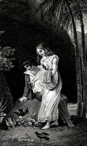 जैक्स-हेनरी बर्नार्डिन डी सेंट पियरे (जैक्स हेनरी बर्नार्डिन डी सेंट-पियरे): पॉल एट वर्जिनी द्वारा उपन्यास के 19 वीं शताब्दी के अंत के संस्करण को चित्रित करते हुए उत्कीर्णन। जंगल में प्रेमियों के युवा जोड़े के पास पक्षी बिना किसी डर के उतर आते हैं। ड्राइंग द्वारा एमिल एंटोनी बेयर्ड