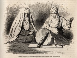 1867-1868 में मध्य एशिया में बेसिल वेरेशैगुइन की यात्रा को चित्रित करने के लिए फेम्स डी बौखरा (उजबेकिस्तान), एमिल बायर्ड द्वारा एक चित्र के बाद उत्कीर्णन, काता करने के लिए अपने काम पर काम करते हुए, "ले टूर डू मोंडे" 1873 में प्रकाशित, एडौर्ड द्वा द्वारा एमिल एंटोनी बेयर्ड