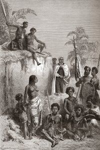 हवाई राजा कामेहा प्रथम और उनके योद्धा, &39;द वर्ल्ड इन द हैंड्स&39; का चित्रण, 1878 में प्रकाशित द्वारा एमिल एंटोनी बेयर्ड
