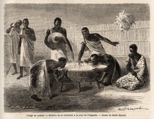 L'trouge au pombe (किण्वन द्वारा मादक पेय), कराग में आंगन में खुद को तरोताजा करने का एक तरीका (वर्तमान में जिम्बाब्वे में विक्टोरिया झील के पश्चिम में), एमिल बायर्ड (1837-1891) द्वारा चित्रित, कप्तान स्पीके की यात्रा का चित्रण A . में खोज द्वारा एमिल एंटोनी बेयर्ड
