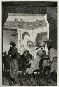 युद्ध मंत्री पर दोपहर का भोजन, पगड़ी का सिरहाना, कहानी के लेखक का सामना करना पड़ रहा है, अदालत में पहुंच रहा है, भोजन के व्यंजन ले जाने वाले नौकरों की एक पंक्ति, एमिल बायर्ड द्वारा उत्कीर्ण, मोरक्को की कहानी को चित्रित करने के लिए एडमोंडो डी एमिसिस द्वारा  द्वारा एमिल एंटोनी बेयर्ड