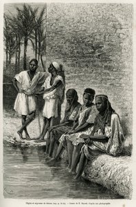 औएद रिहर के तट पर सहारा के नेग्रेस और नेगर्स। एडौर्ड चार्टन (1807-1890) के निर्देशन में 1874-1878 में वी. लार्जेउ द्वारा, अल्जीरियाई सहारा को चित्रित करने के लिए ई.बेयार्ड द्वारा उत्कीर्णन, टूर डू मोंडे में प्रकाशित किया गया था। द्वारा एमिल एंटोनी बेयर्ड