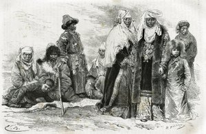 गरीब और अमीर किर्गिज़ महिलाएं। एमिल बायर्ड द्वारा उत्कीर्णन, 1876 और 1878 के बीच, एडौर्ड चार्टन द्वारा निर्देशित टूर डू मोंडे में, ओरेनबर्ग से समरकंद की यात्रा के छापों को चित्रित करने के लिए, मैरी डी उज्फालवी-बॉर्डन द्वारा द्वारा एमिल एंटोनी बेयर्ड