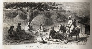 हाथीदांत की तैयारी, एक तुर्की व्यापारी, युगांडा के लिए, एमिल बायर्ड (1837-1891) द्वारा ड्राइंग, कैप्टन स्पीके की 1860 से 1863 तक अफ्रीका में खोज की यात्रा को दर्शाता है। एडौर्ड चार्टन द्वारा संपादित "ले टूर डू मोंडे" में उत्कीर्णन द्वारा एमिल एंटोनी बेयर्ड