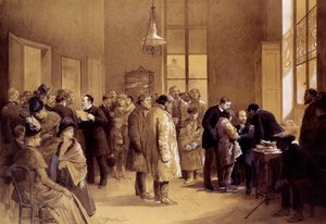 रेबीज टीकाकरण: लुई पाश्चर (1822-1895) ने प्रशंसकों से अपील की, जबकि डॉ। गौचर ने 6/07/1885 को उल्म स्ट्रीट की एक प्रयोगशाला में एक रूसी बच्चे, जोसेफ मिस्टर को रेबीज के खिलाफ टीका लगाया। एमिल बायर्ड (1837-1891) 1886 पेरिस, मुसी पाश्चर द्वारा प्रिंट द्वारा एमिल एंटोनी बेयर्ड