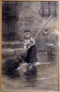 कोसेट का प्रतिनिधित्व, नंगे पैर झाड़ू लगाना। विक्टर ह्यूगो (1802-1885) द्वारा एमिल बायर्ड (1837-1891) 19वीं सदी द्वारा "द मिजरेबल्स" के लिए चित्रण। पेरिस, मैसन विक्टर ह्यूगो