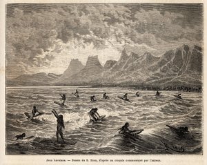 सर्फिंग, हवाईयन पसंदीदा खेल का अभ्यास, यहां महिलाओं द्वारा, संतुलन में, खड़े या बैठे हुए, बोर्ड पर, क्रेते डेस तरंगों पर, जो उन्हें समुद्र तट पर वापस लाते हैं, एमिल बेयार्ड के चित्र के बाद उत्कीर्णन, सैंडविच की यात्रा का चित्रण करते हुए द्वीपों द्वारा एमिल एंटोनी बेयर्ड