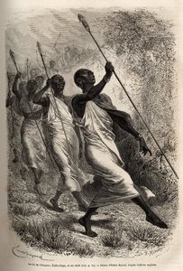 औन्योरो (पूर्वी सूडान) के राजा और उनके दरबार के प्रमुखों का आगमन, आधिकारिक यात्रा के लिए सर बेकर के शिविर में, एमिल बायर्ड द्वारा एक चित्र के बाद उकेरा गया, जो मध्य अफ्रीका में एक अभियान को दबाने के लिए एक अभियान का चित्रण करता है। काला द्वारा एमिल एंटोनी बेयर्ड